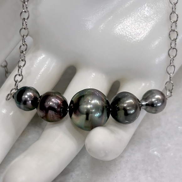 Tahitian Pearl Multi Bead Sterling Silver Curved Necklace - Picture 1 of 10